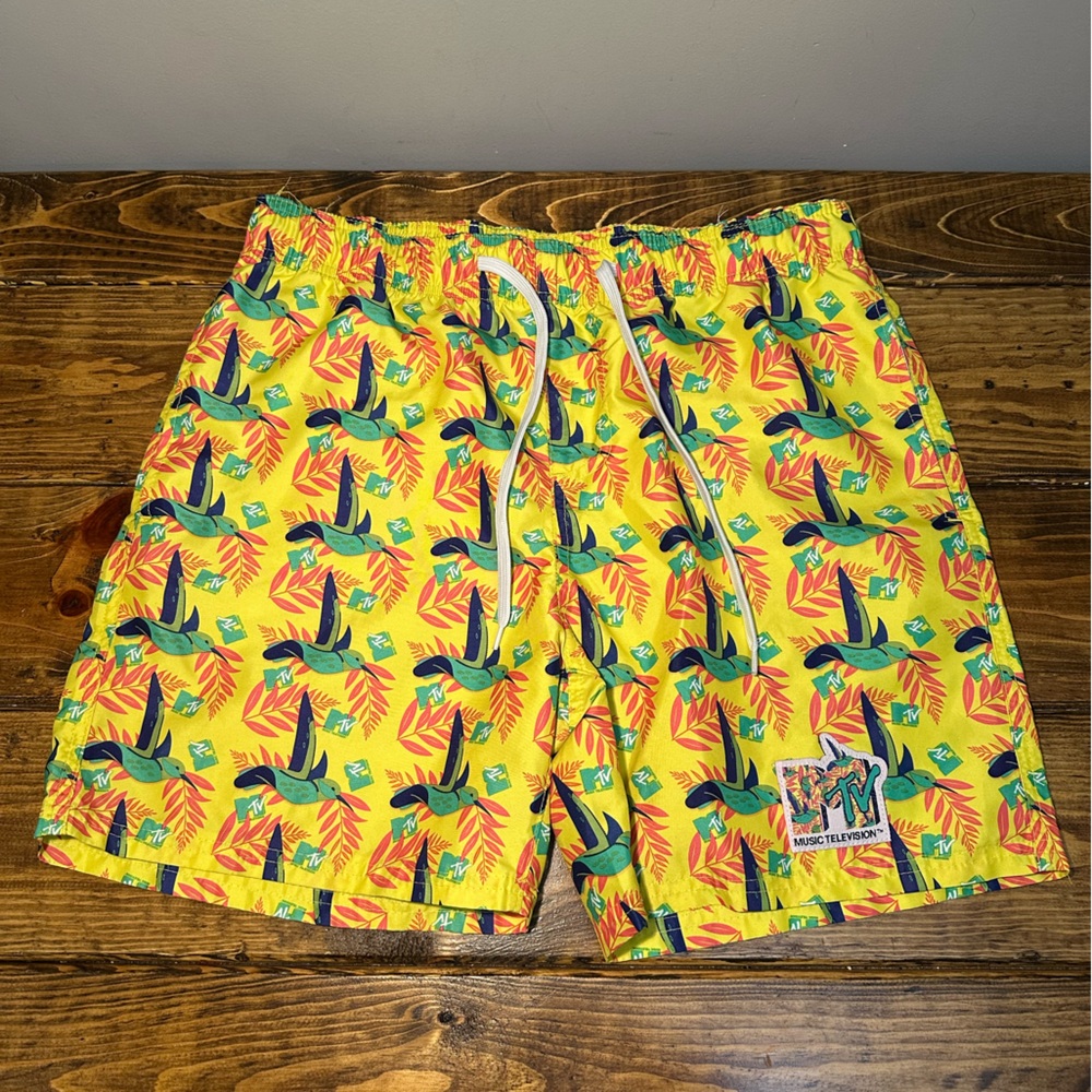 Swim Trunks Mens Swim Shorts Size L MTV Hummingbird Palm Retro Elastic Waist